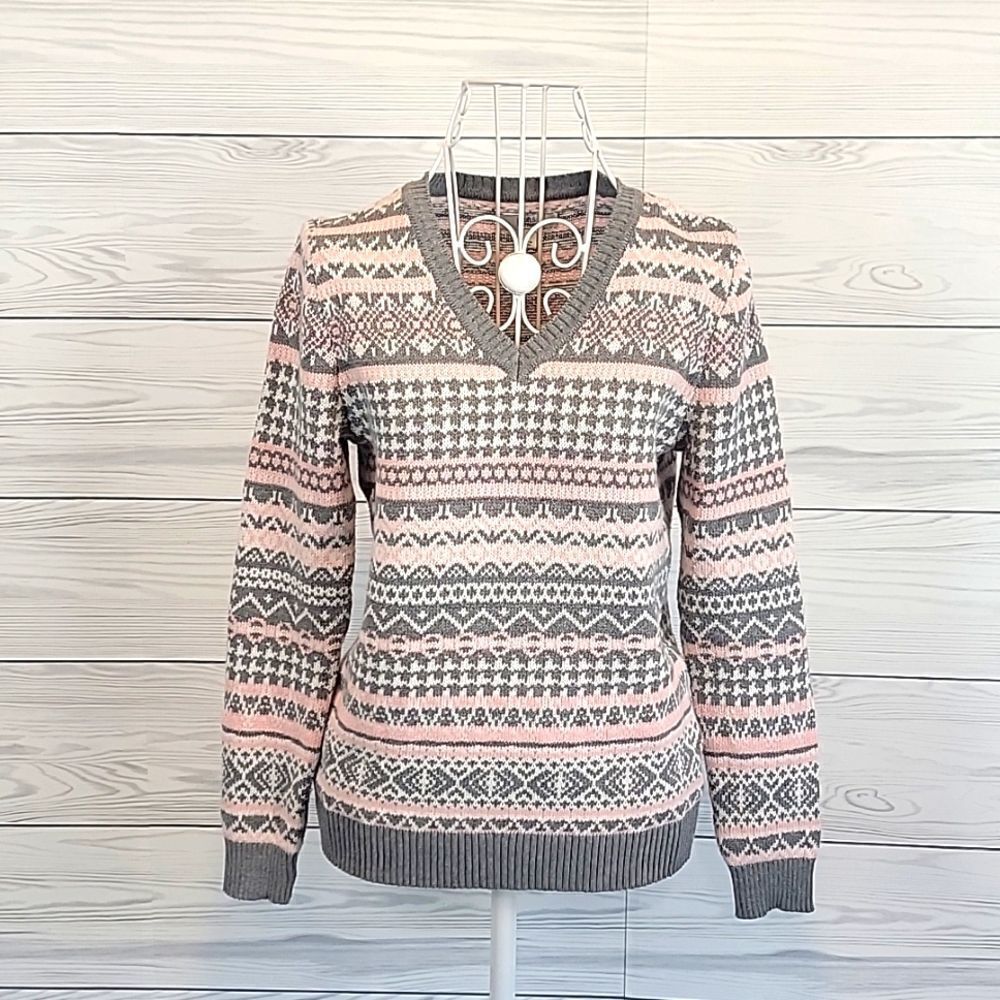 Croft & Barrow pink and grey multi-knit v-neck sweater Women's Size S